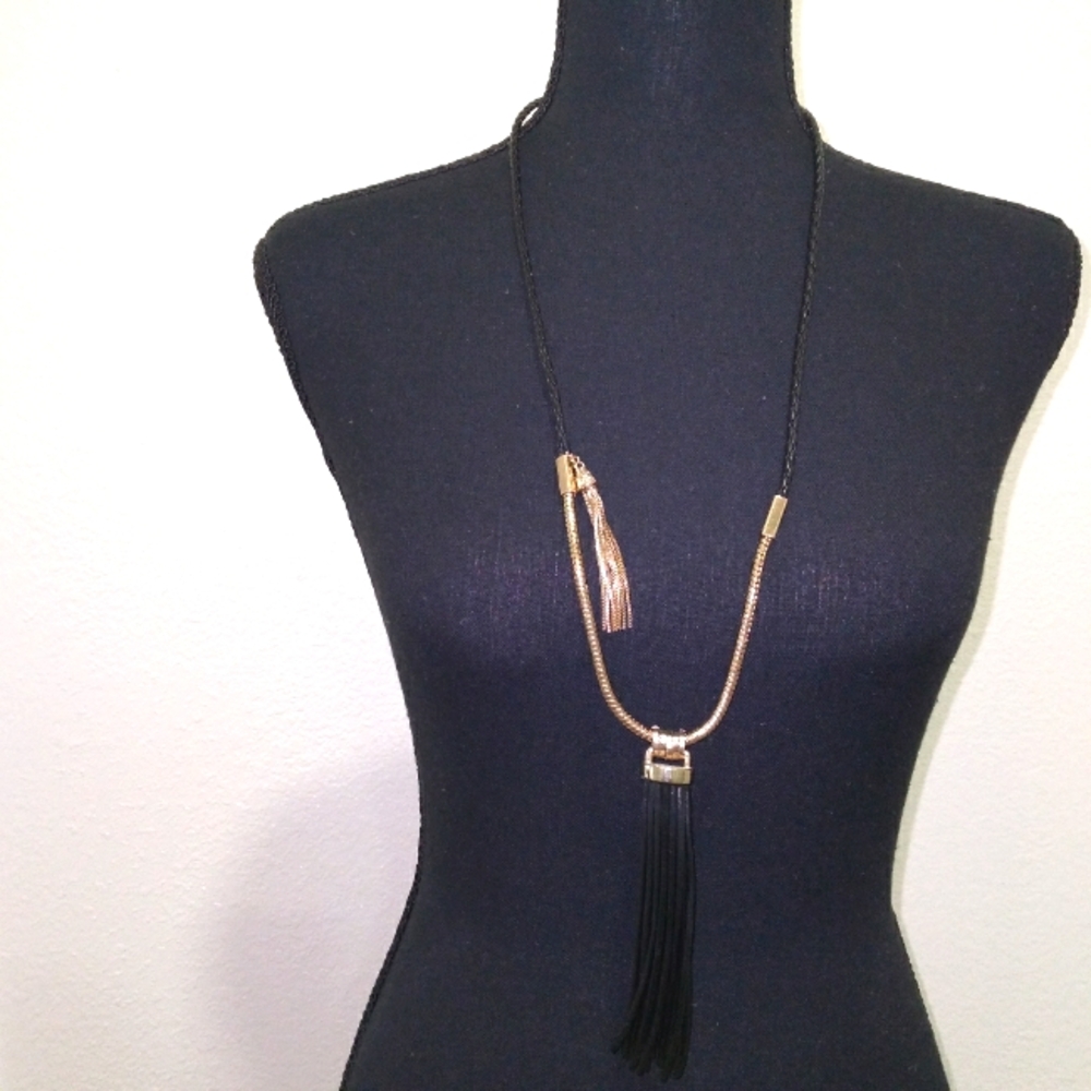 LYDELL NYC  Black Leather and Gold Plated Tassel Necklace